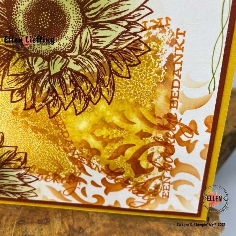 Favoriete stempelset Bijzondere zonnebloemen in de NL Demo bloghop van Stampin' Up! 7 bijzondere zonnebloemen op techniekenkaart door bij ellen