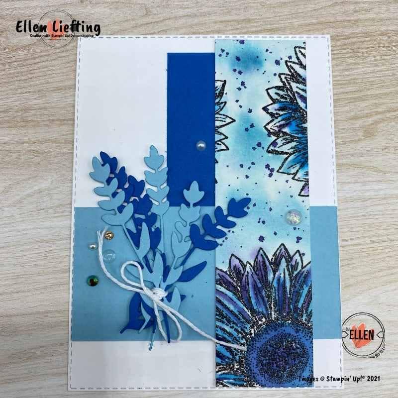 Favoriete stempelset Bijzondere zonnebloemen in de NL Demo bloghop van Stampin' Up! 12 boeketje op laagjes kaart met bijzondere zonnebloemen van stampinup door ellen liefting.