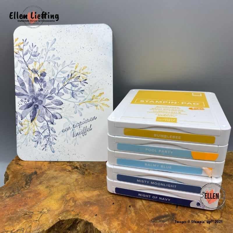 5 kleur combinaties met eenvoudige stempelafdrukken met de set Hof van Eden van Stampin' Up! 4 blauwtinten combineren en samenvoegen door ellen liefting