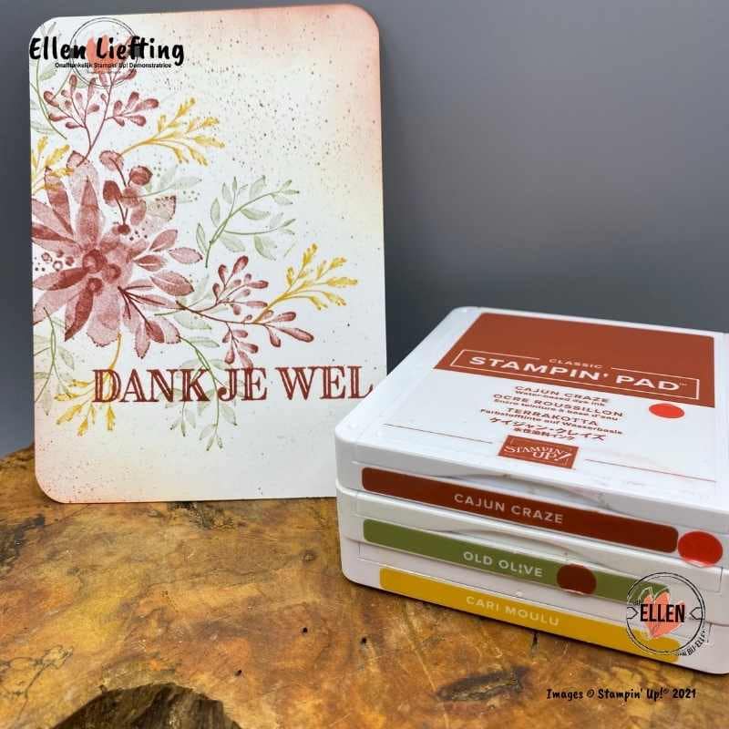 5 kleur combinaties met eenvoudige stempelafdrukken met de set Hof van Eden van Stampin' Up! 3 herfstkleuren hof van eden eenvoudig stempelen door ellen liefting