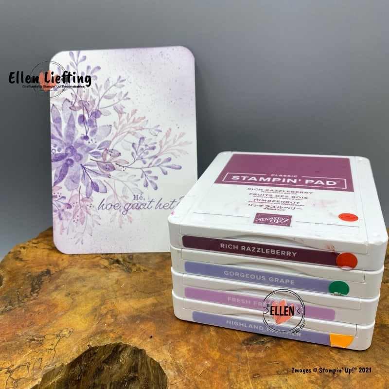 5 kleur combinaties met eenvoudige stempelafdrukken met de set Hof van Eden van Stampin' Up! 5 paarstinten hof van eden eenvoudig stempelen door bij ellen