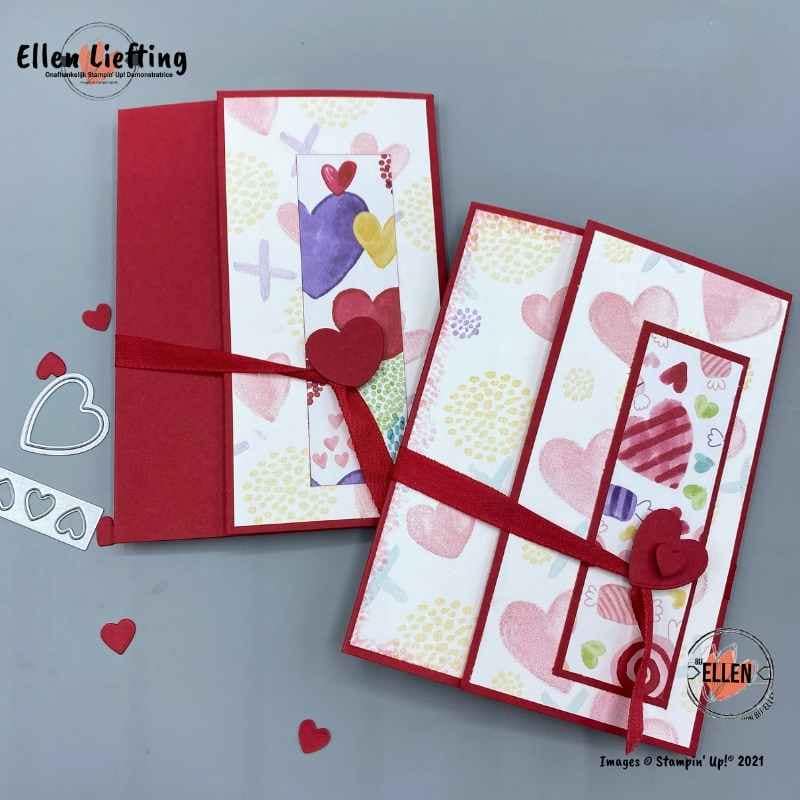 Een tasje in een kaart, Valentijn inspiratie 3 Valentijn kaarten met verborgen tasje detail door Ellen Liefting