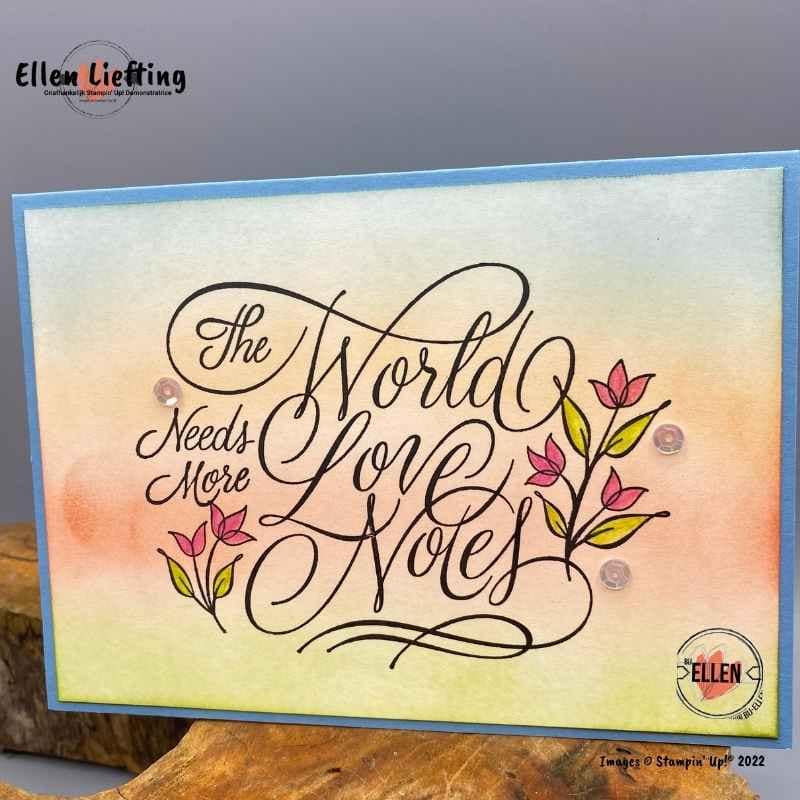 Lente in de lucht, op een kaart en in een bloghop 9 kleurverloopjes op more love van stampinup door bij ellen