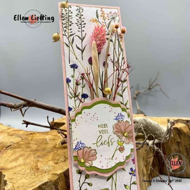 Heel veel liefs op een droogbloemen cadeautje 5 lieve bloemen van Stampinup droogbloemen kaart door ellen liefting