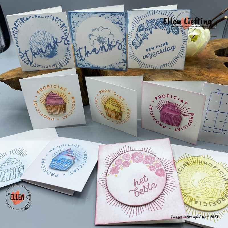 Te veel mooie nieuwe dingen...... 6 kleine kaartjes met een rondje gelukwensen van stampinup door ellen liefting