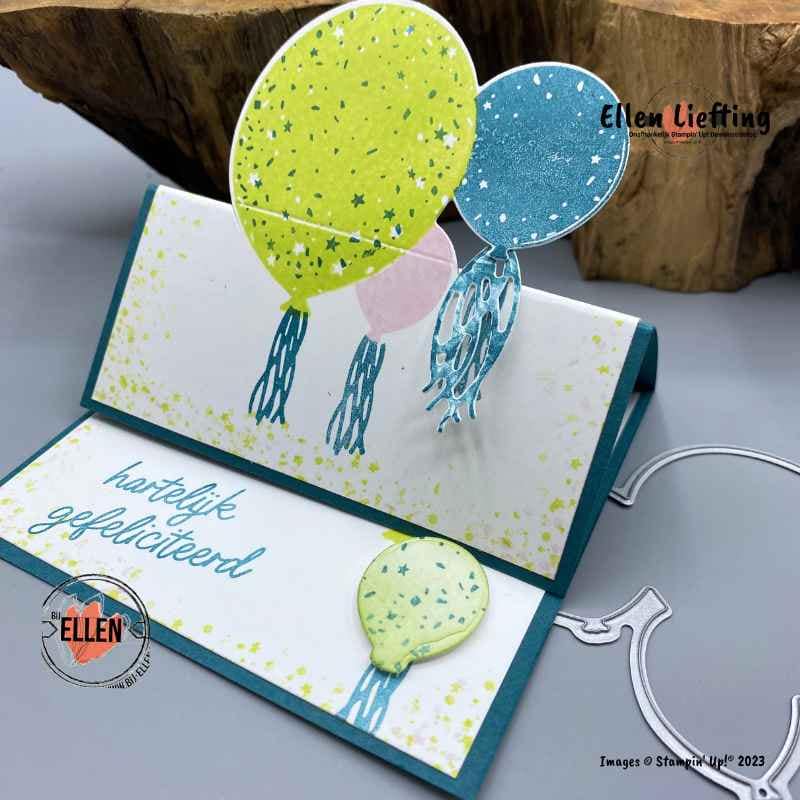 Er is wat te vieren met feestballonnen en een jubileum...... 1 pop up kaartje met feestballonnen ellen liefting
