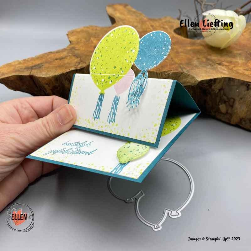 Er is wat te vieren met feestballonnen en een jubileum...... 5 stampinup pop up kaartje ellen liefting